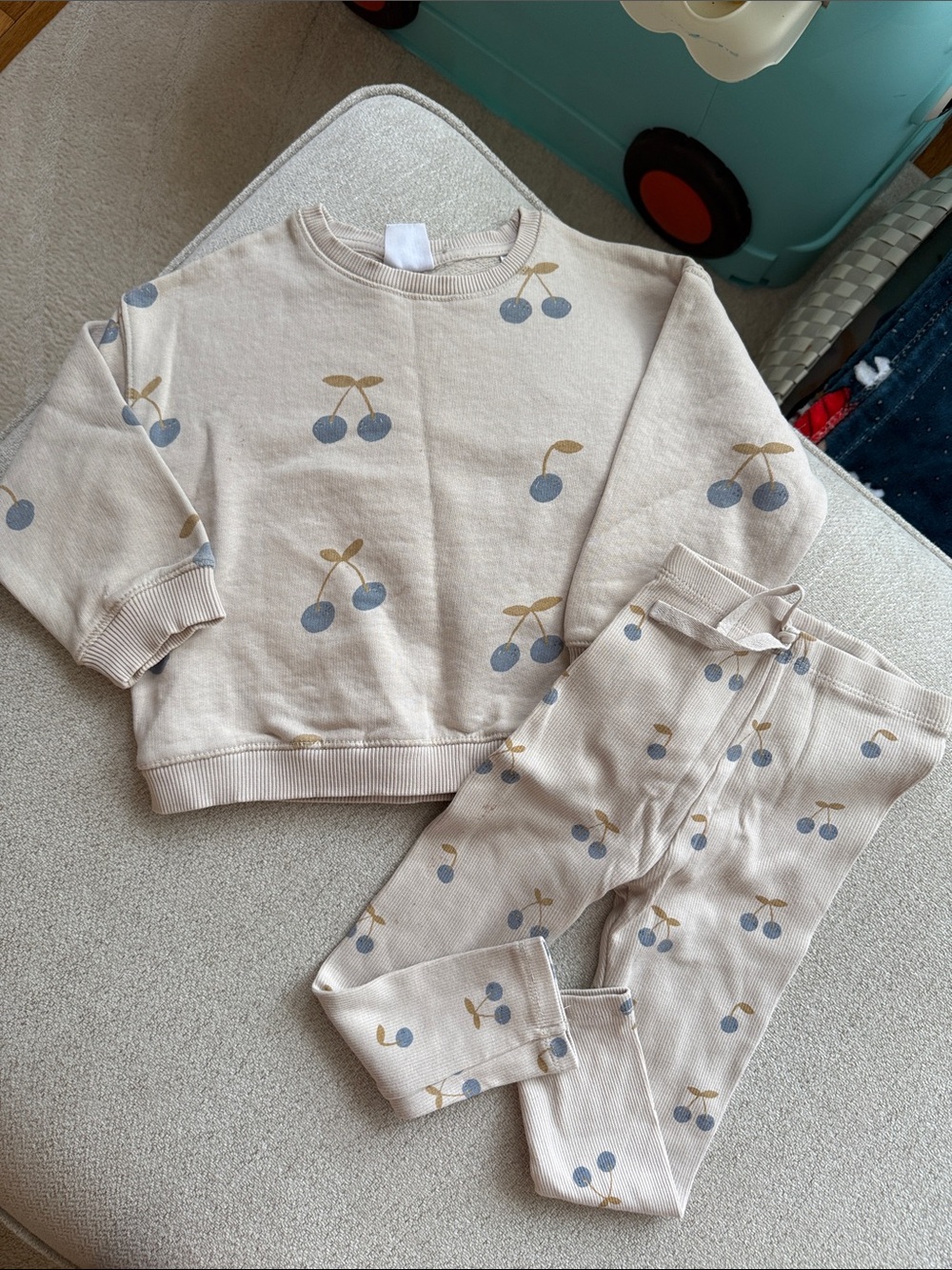 Zara Beige Kids Pajama Set with Blue Cherry Print